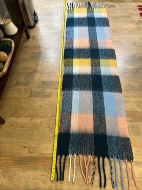 Large Plaid Multicolor Fringe scarf- Blue, Pink & Yellow